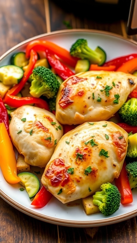 Healthy Air Fryer Chicken and Vegetables Recipe Air fryer chicken with bell peppers, zucchini, and broccoli on a plate, garnished with herbs.